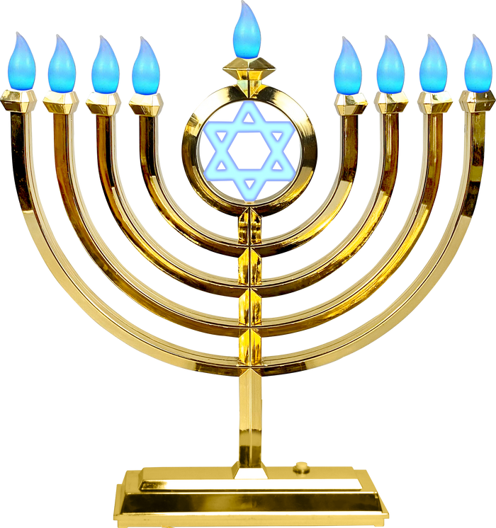 Classic LED Menorah in Gold — warm gold-tone branched electric menorah, all lights on | Judaica Square Lakewood