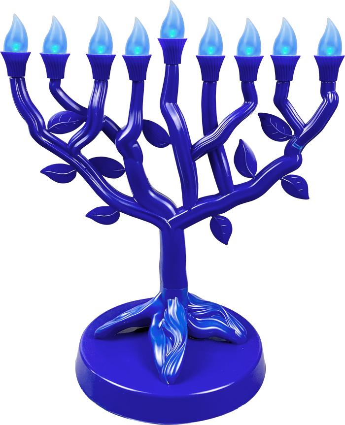 Tree of Life LED Menorah in Blue — branching tree-form electric menorah glowing blue | Judaica Square Lakewood