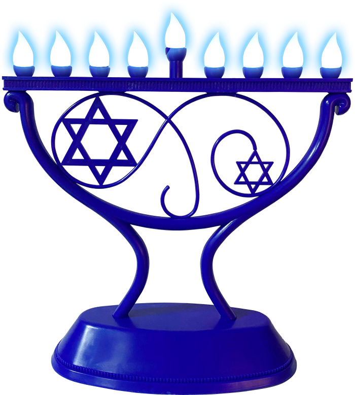 Whimsical LED Menorah in Blue — curvy playful electric menorah lit in blue | Judaica Square Lakewood