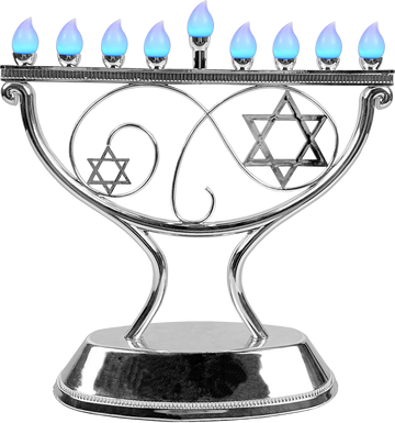 Whimsical LED Menorah in Silver: silver curved-arm electric menorah against a dark window