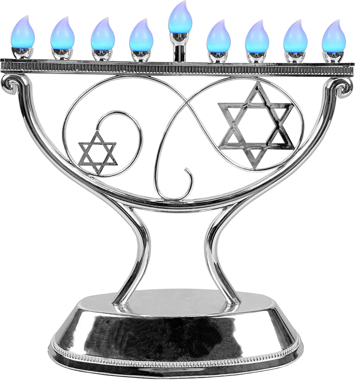 Whimsical LED Menorah in Silver — silver curved-arm electric menorah against a dark window | Judaica Square Lakewood