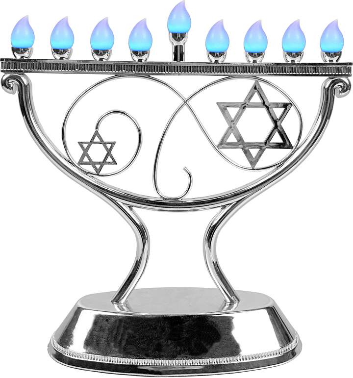 Whimsical LED Menorah in Silver: silver curved-arm electric menorah against a dark window