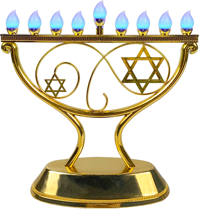 Whimsical LED Menorah in Gold — gold curved-arm electric menorah, all nine lights on | Judaica Square Lakewood
