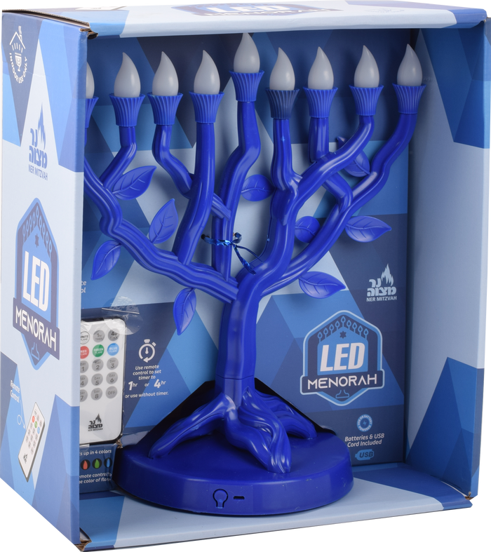 Tree of Life LED Menorah in Blue, NM30475 — tree-form electric menorah with blue-lit branches | Judaica Square Lakewood