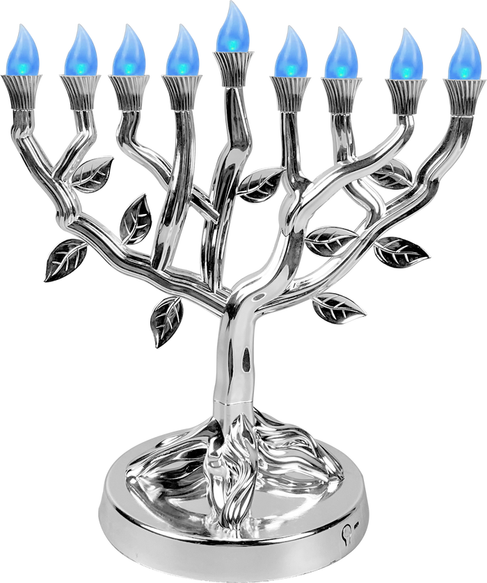 Tree of Life LED Menorah in Silver, NM30476 — upper-tier silver tree menorah, branches lit | Judaica Square Lakewood