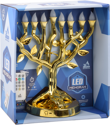 Tree of Life LED Menorah in Gold, NM30477: gold branching electric menorah lit at the tips