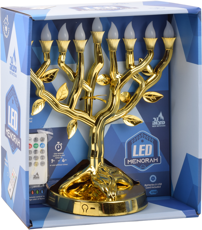 Tree of Life LED Menorah in Gold, NM30477 — gold branching electric menorah lit at the tips | Judaica Square Lakewood