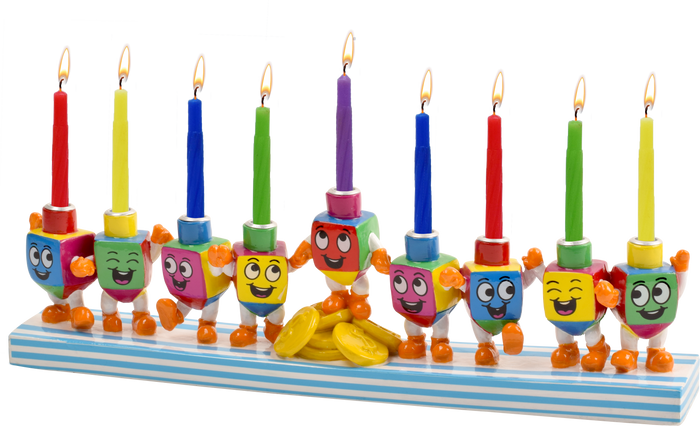 Hand-Painted Resin Menorah, Dancing Dreidels — tilted painted dreidels along the base | Judaica Square Lakewood