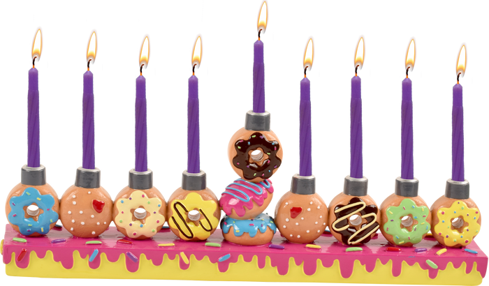 Hand-Painted Resin Menorah, Chanukah Donuts — sculpted jelly donuts along the menorah | Judaica Square Lakewood