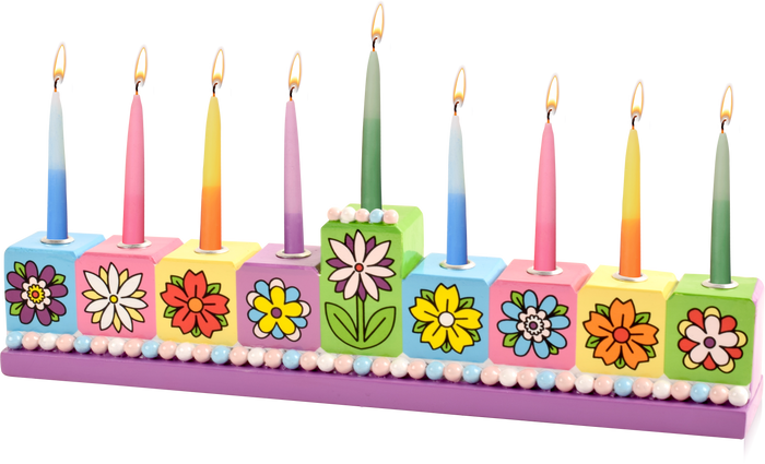 Hand-Painted Resin Menorah, Floral — painted blossoms and leaves across a low resin base | Judaica Square Lakewood