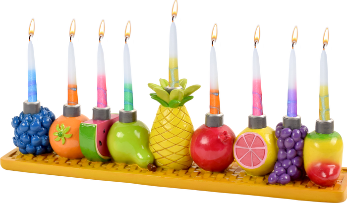Hand-Painted Resin Menorah, Fresh Fruits — sculpted painted fruit along the menorah base | Judaica Square Lakewood
