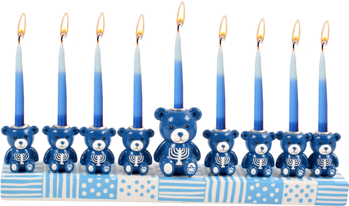 Hand-Painted Resin Menorah, Teddy Bears — painted bears seated between the lights | Judaica Square Lakewood