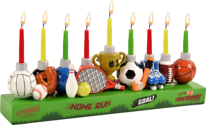 Hand-Painted Resin Menorah, Sports — painted basketballs, baseballs and gear | Judaica Square Lakewood