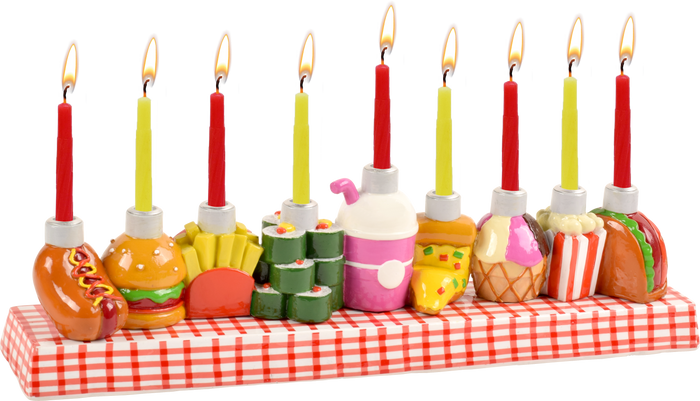 Hand-Painted Resin Menorah, Deli Food — sculpted sandwiches and pickles along the base | Judaica Square Lakewood