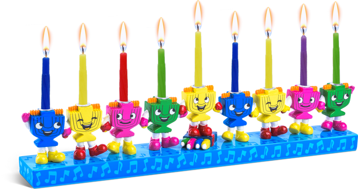 Resin Menorah, Dancing Menorahs — colorful cast resin menorah of small menorah figures in motion | Judaica Square Lakewood