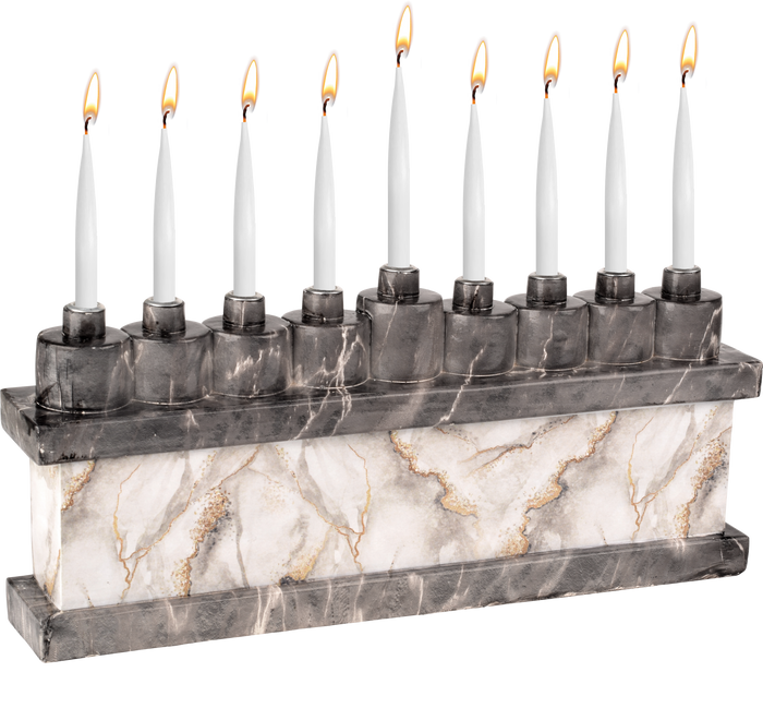 Hand-Painted Resin Menorah, Black Marbleized — black menorah with white marble veining | Judaica Square Lakewood