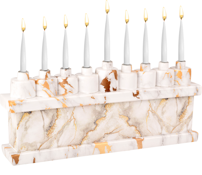 Hand-Painted Resin Menorah, White Marbleized — white menorah with grey marble veining | Judaica Square Lakewood