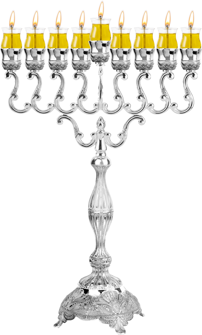 27 Inch Silver Plated Oil Menorah — tall standing menorah with polished silver finish and oil cups | Judaica Square Lakewood