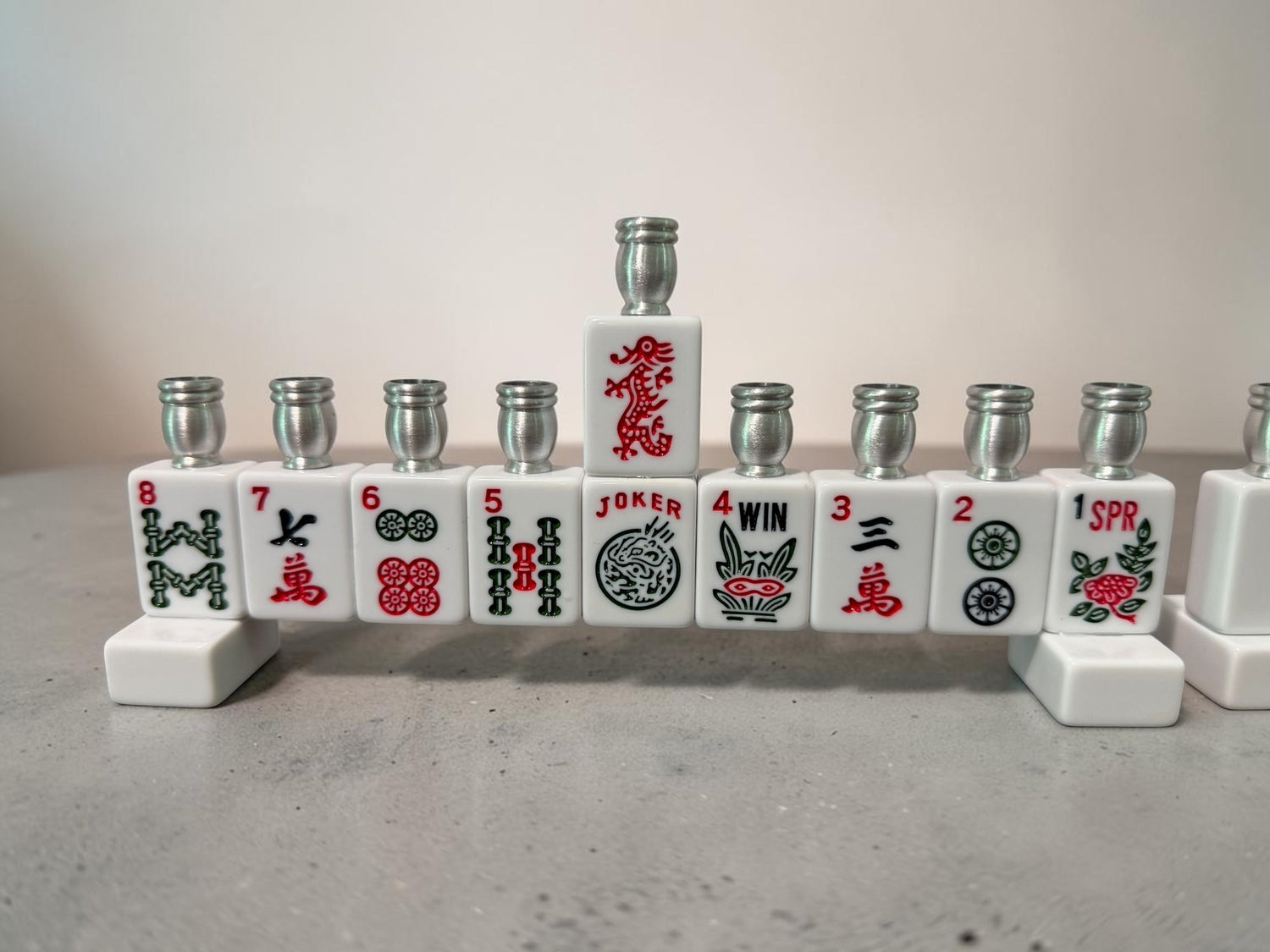 Mah Jongg menorah — repurposed game tiles with numbered aluminum candle cups | Judaica Square Lakewood (view 5)
