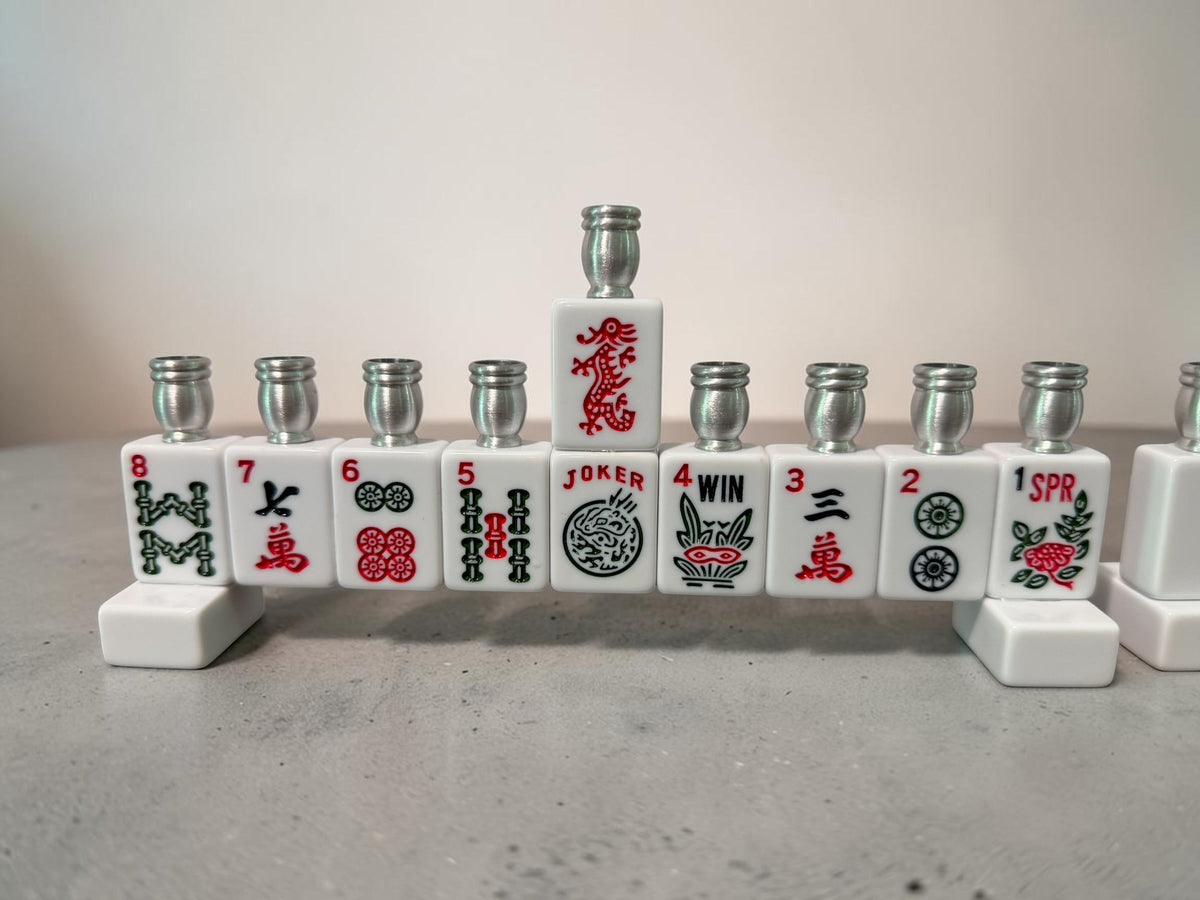 Mah Jongg menorah — repurposed game tiles with numbered aluminum candle cups | Judaica Square Lakewood (view 5)