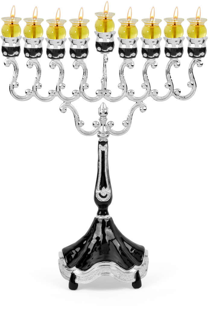 Marbleized Silver-Plated Oil Menorah Black — black and silver oil menorah with glass cups | Judaica Square Lakewood