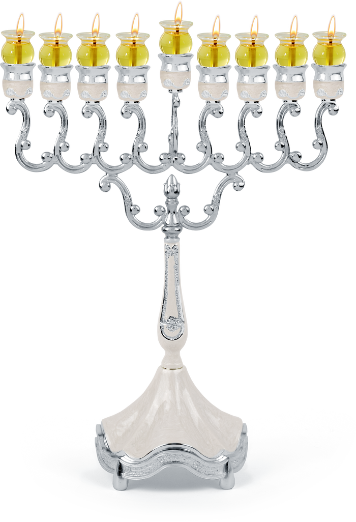 Marbleized Silver-Plated Oil Menorah White — white and silver oil menorah | Judaica Square Lakewood