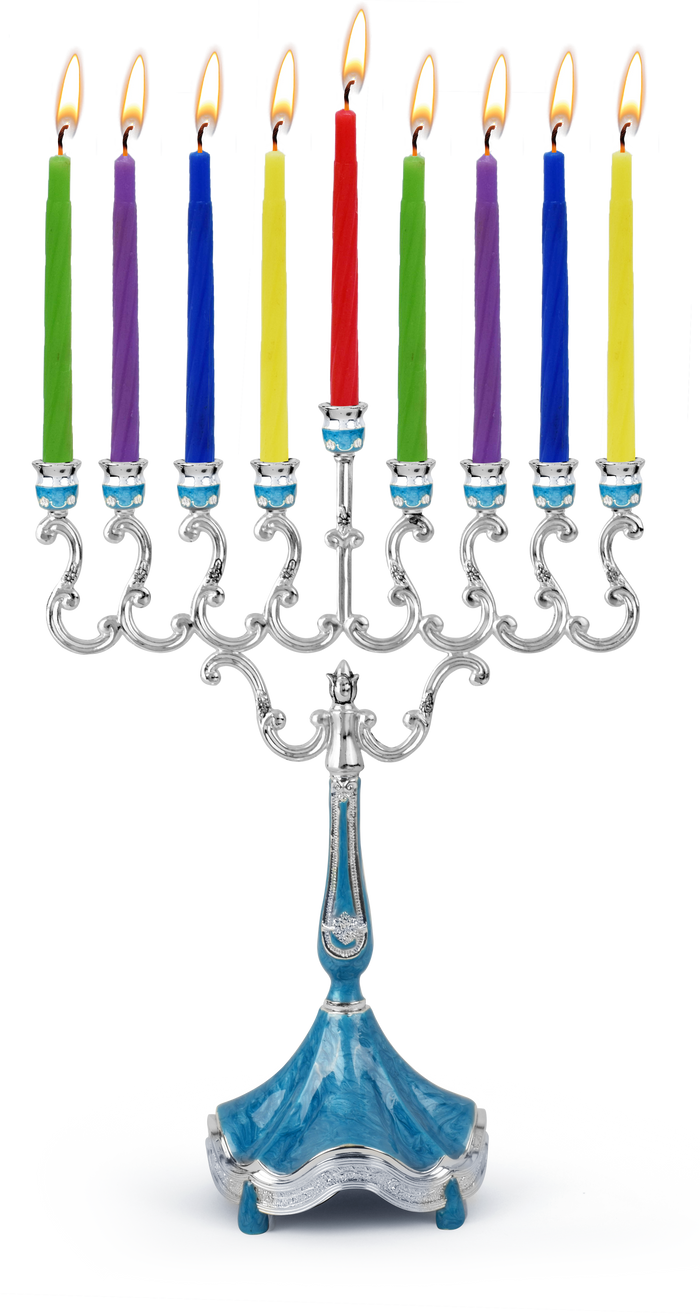 Marbleized Silver-Plated Candle Menorah Blue — blue and silver swirled menorah | Judaica Square Lakewood