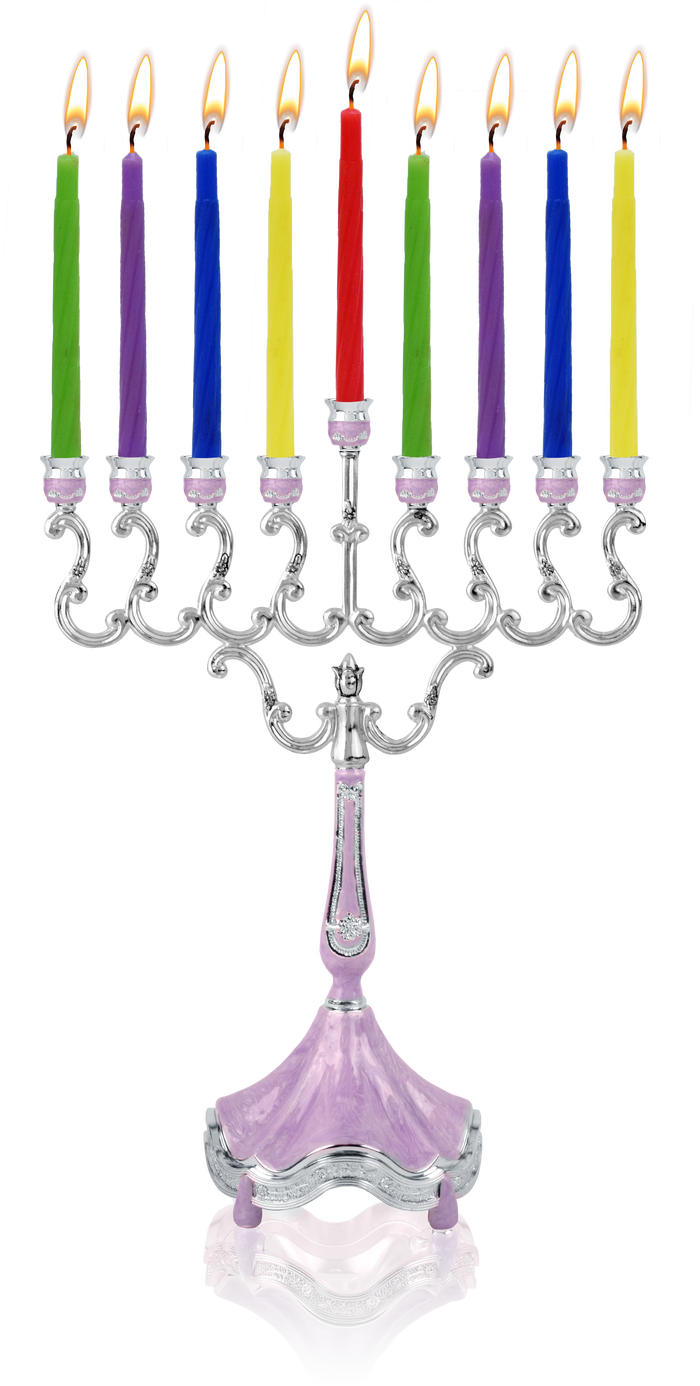 Marbleized Silver-Plated Candle Menorah Purple — violet and silver swirled menorah | Judaica Square Lakewood