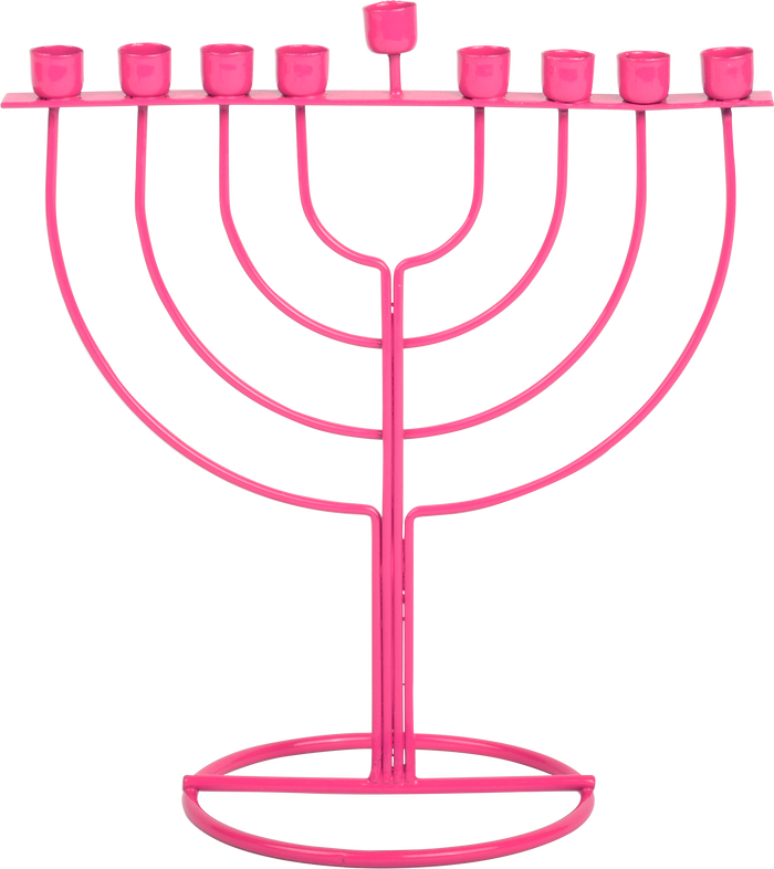 Pink Wireframe Menorah — pink open-frame metal menorah, 7.5 by 7.75 inches | Judaica Square Lakewood