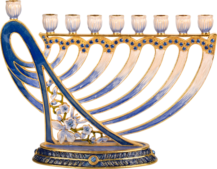 Jeweled David’s Harp Menorah — open harp frame with strung detail and inset jewels | Judaica Square Lakewood
