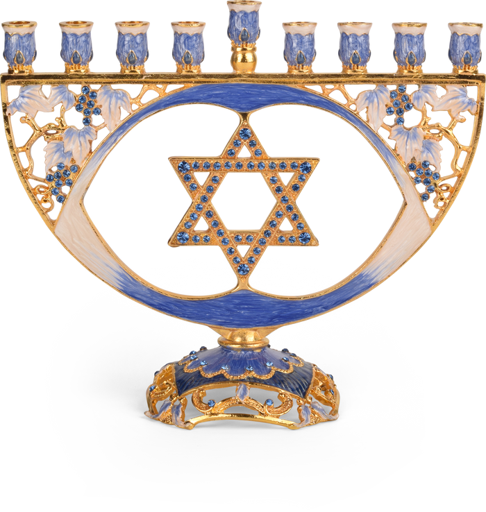 Jeweled Star of David Menorah — six-pointed star backplate with colored stones over eight candle holders | Judaica Square Lakewood
