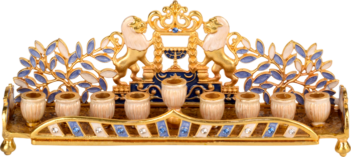 Jeweled Lions & Wall Menorah — jewel-set menorah with two lions and a wall motif | Judaica Square Lakewood
