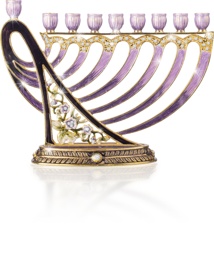 Jeweled David’s Harp Menorah in purple — harp-shaped metal menorah with jewel accents | Judaica Square Lakewood