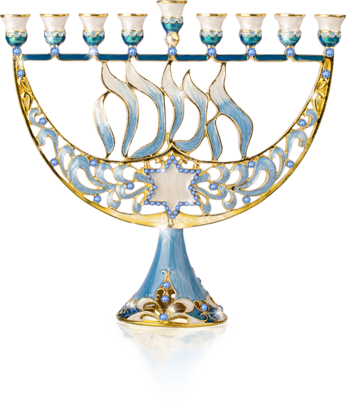 Jeweled Calligraphy Menorah — curved calligraphic metal frame studded with colored stones | Judaica Square Lakewood