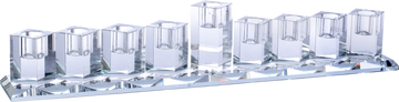 Crystal Glass Menorah Long — low horizontal crystal glass menorah on a window ledge