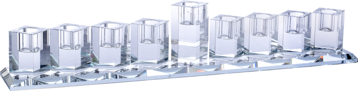 Crystal Glass Menorah Long — low horizontal crystal glass menorah on a window ledge | Judaica Square Lakewood