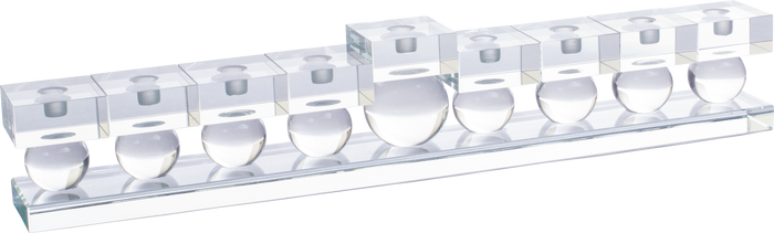 Crystal Glass Menorah Long with Balls — elongated glass menorah with rounded ball detail | Judaica Square Lakewood