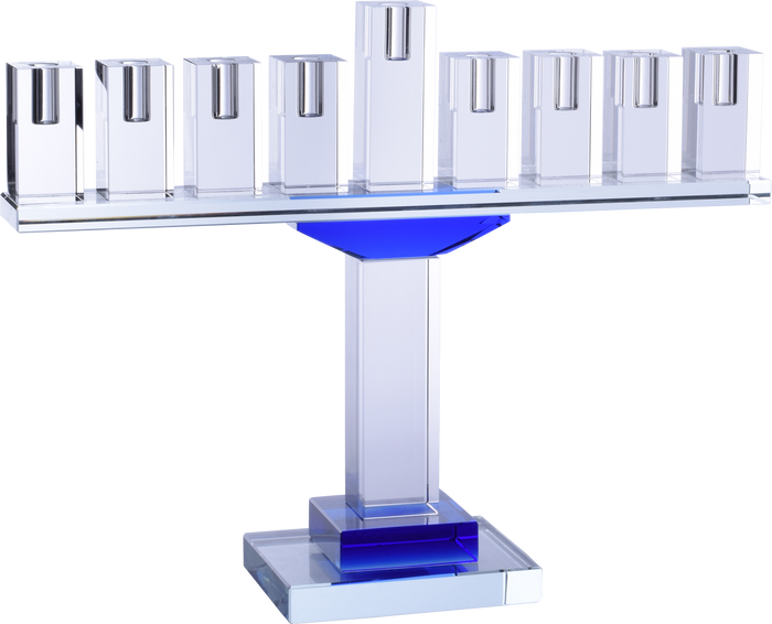 Crystal Glass Menorah Blue — blue-toned crystal glass menorah catching the light | Judaica Square Lakewood