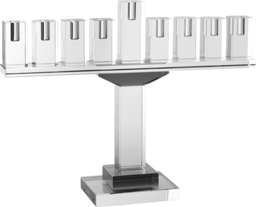 Crystal Glass Menorah Gray: smoke-gray crystal glass menorah on a dark surface