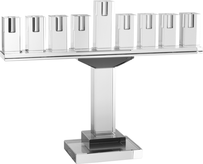 Crystal Glass Menorah Gray — smoke-gray crystal glass menorah on a dark surface | Judaica Square Lakewood