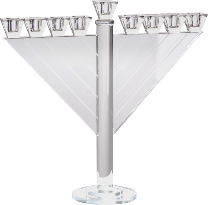 Crystal Glass Menorah Large — oversized clear crystal glass menorah on a wide sill | Judaica Square Lakewood