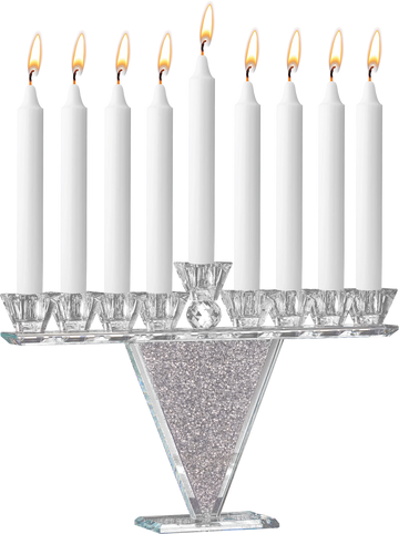 Crystal Glass Menorah with Crystals: clear glass menorah set with cut crystal accents