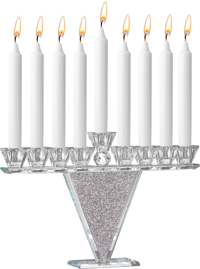 Crystal Glass Menorah with Crystals — clear glass menorah set with cut crystal accents | Judaica Square Lakewood