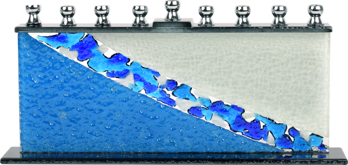 Hand-Crafted Glass Menorah, Divine Stones — jewel-toned glass stones across the menorah body | Judaica Square Lakewood