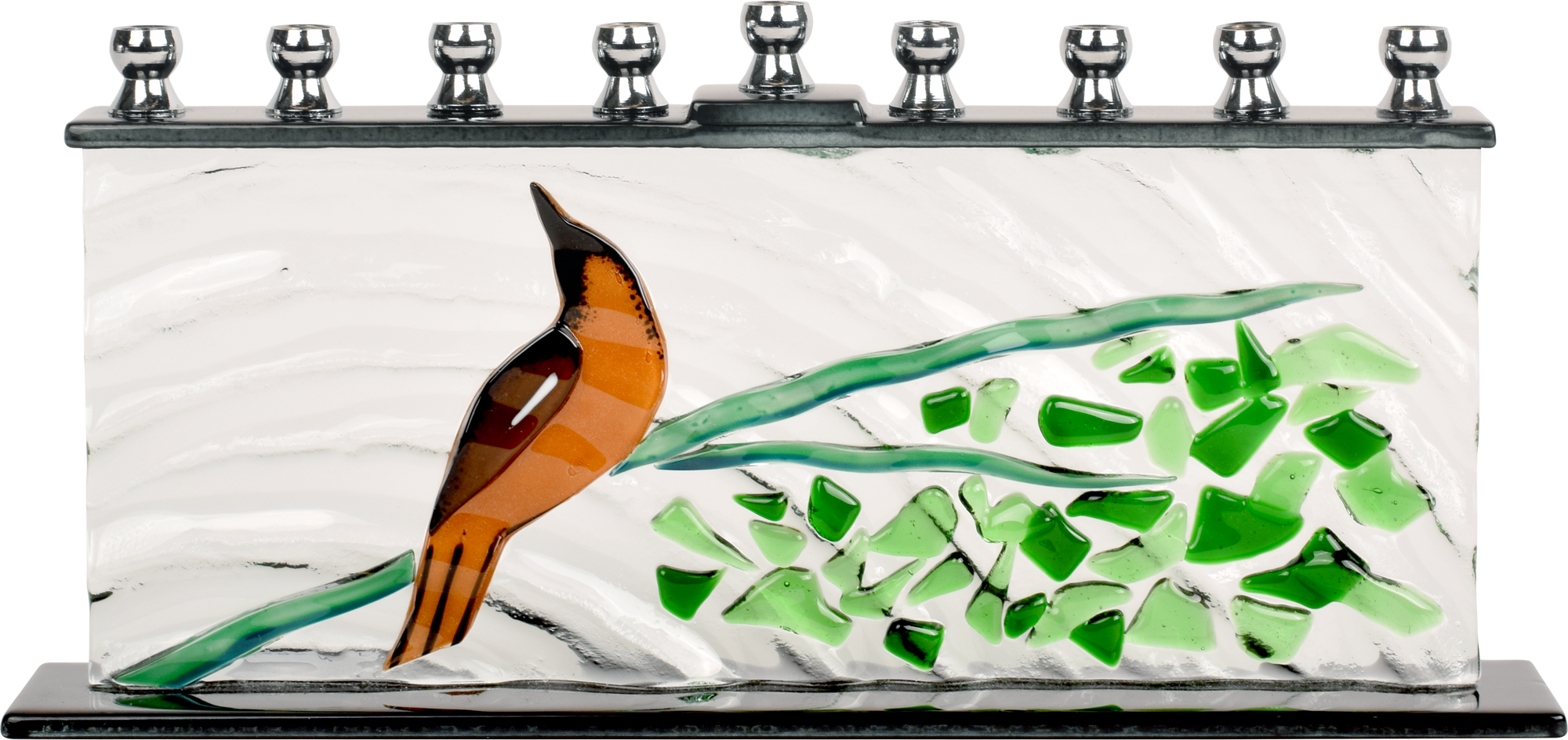 Hand Crafted Glass Menorah - Tree of Life Singing Bird — Judaica Square