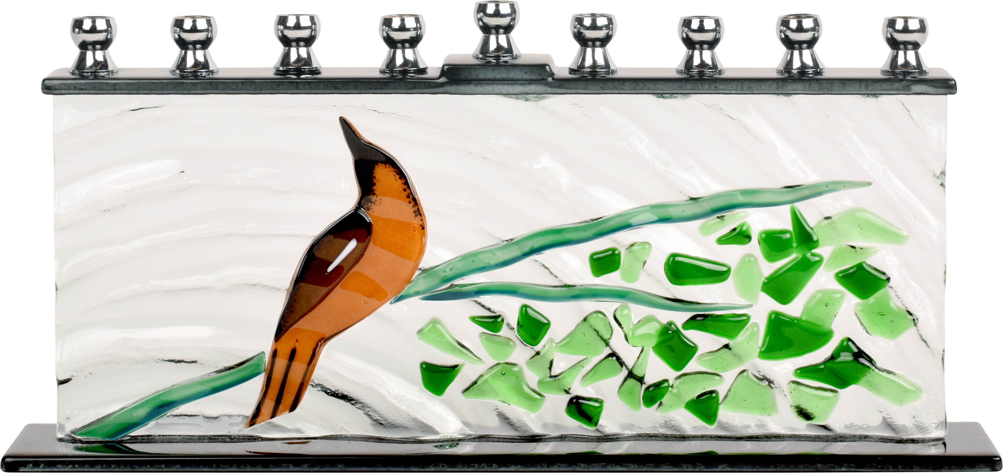 Hand Crafted Glass Menorah - Tree of Life Singing Bird — Judaica Square