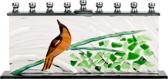 Hand-Crafted Glass Menorah Tree of Life Singing Bird — art glass menorah with a single bird | Judaica Square Lakewood