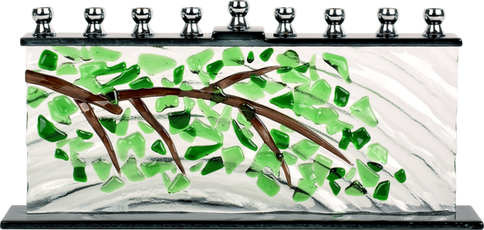 Hand-Crafted Glass Menorah, Branches — colored glass menorah with branching arms | Judaica Square Lakewood