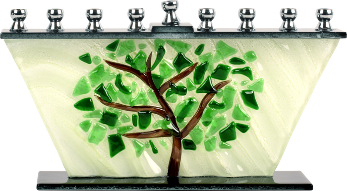 Hand-Crafted Glass Menorah Tree of Life Shattered Leaves — art glass menorah with shard-like leaves | Judaica Square Lakewood