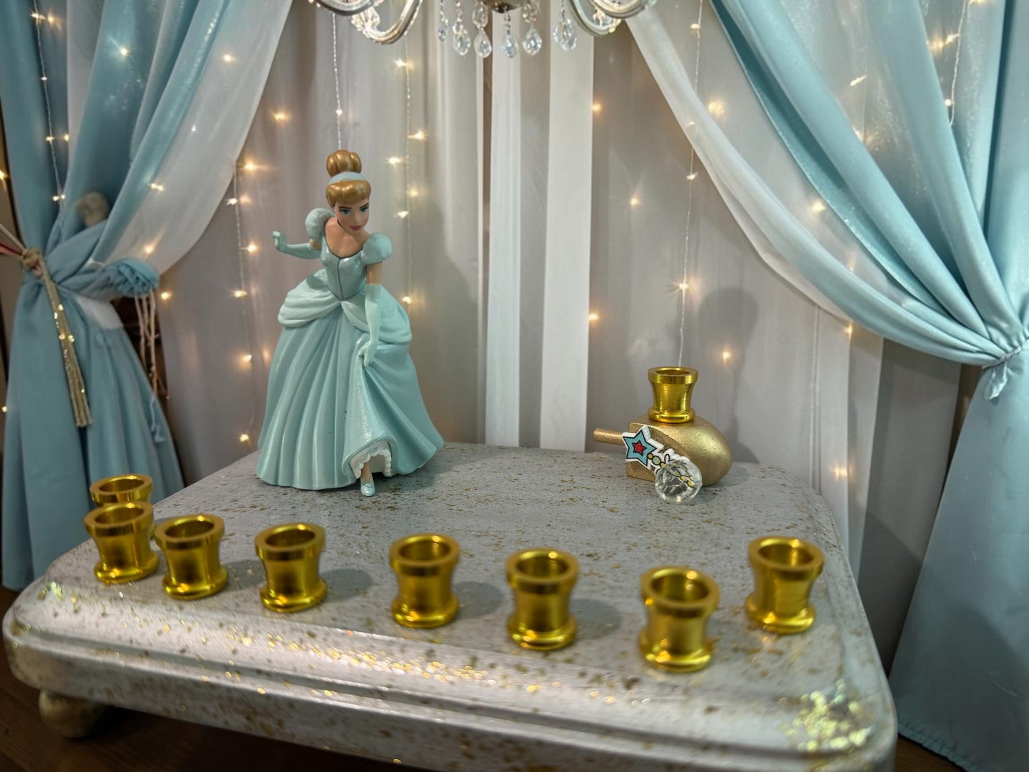 Cinderella menorah — Disney princess figurine on silver base with nine gold cups | Judaica Square Lakewood (view 3)